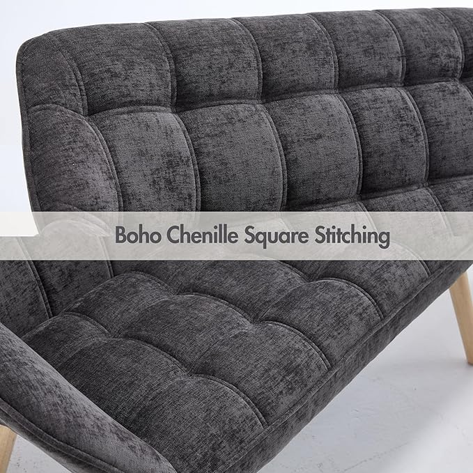 Small Loveseat Sofa 48 inch Chenille Love Seat for Living Room Comfy Mini Couch with Wood Legs for Small Spaces Bedroom Apartment Office Dark Grey
