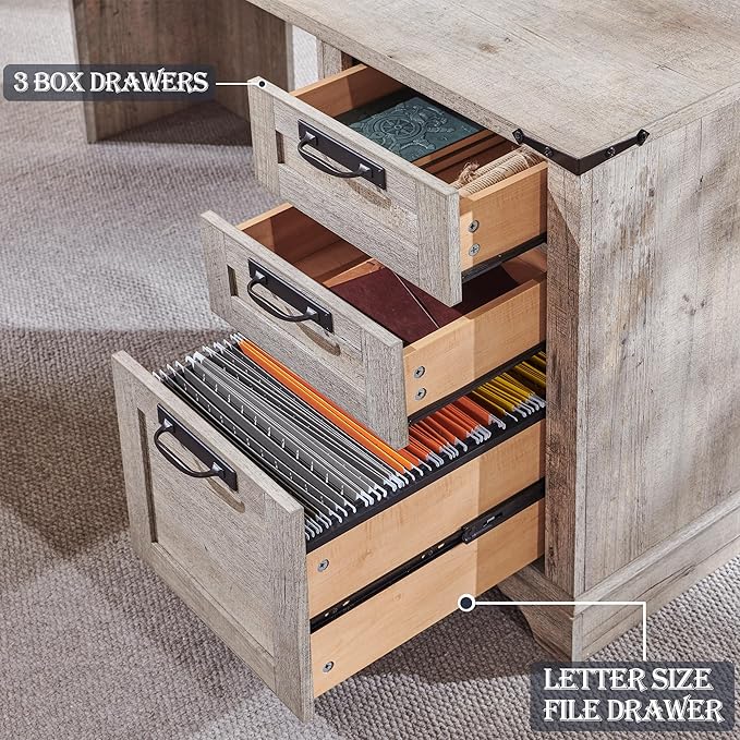 RedLemon 60 Farmhouse L Shaped Executive Desk with Drawers Wood Home Office Corner Desk with Charging Station File Drawer Storage Cabinet Rustic Computer Writing Desk (Light Rustic Oak)