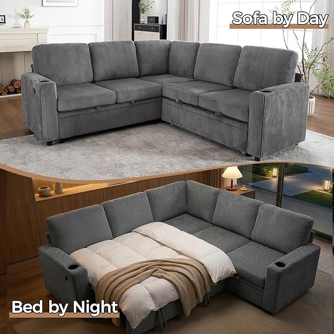 Sectional Sleeper Sofa with Pull Out Bed Plush Corduroy L Shaped Corner Couch with Storage USB Ports Cup Holders Comfy Sectional Couches for Living Room Grey | Modular Couch for Apartment Tool