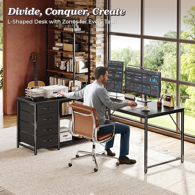 PRAISUN 61 L Shaped Desk with Power Outlets and USB-C Port Reversible Computer Corner Office Desk with 4 Fabric Drawers and 2 Height-Adjustable Shelves Large for Gaming Writing Work StudyBlack