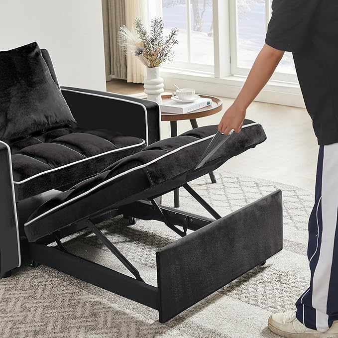 3-in-1 Futon Couch Sofa Bed Chair Convertible Sleeper Sofa with Pull-Out Bed Folding Sofa Bed with Reclining Backrest and Side Pocket Sofa Recliner Single Bed Adult Modern Chair Bed Berth (Black)