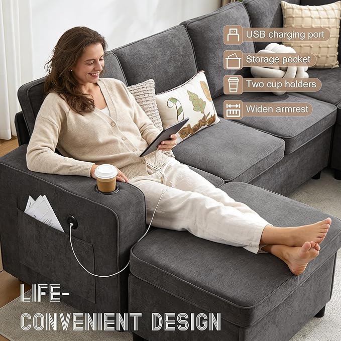 107 Modular Sectional Sleeper Sofa with Pull Out Bed 7 Seat U Shaped Couch with Storage Ottoman USB Port &amp 6 Pillows Sectional Couches for Living Room &amp Apartment Modular Cloud Couch Gre