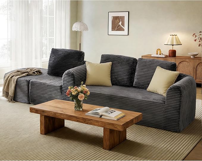 108” Modular Sectional Sofa Boneless Couches for Living Room Deep Seat L-Shape Cloud Couch with Chaise Comfy Sofa Freely Change Configurations No Assembly Required Soft Plush Corduroy Fabric(Grey)