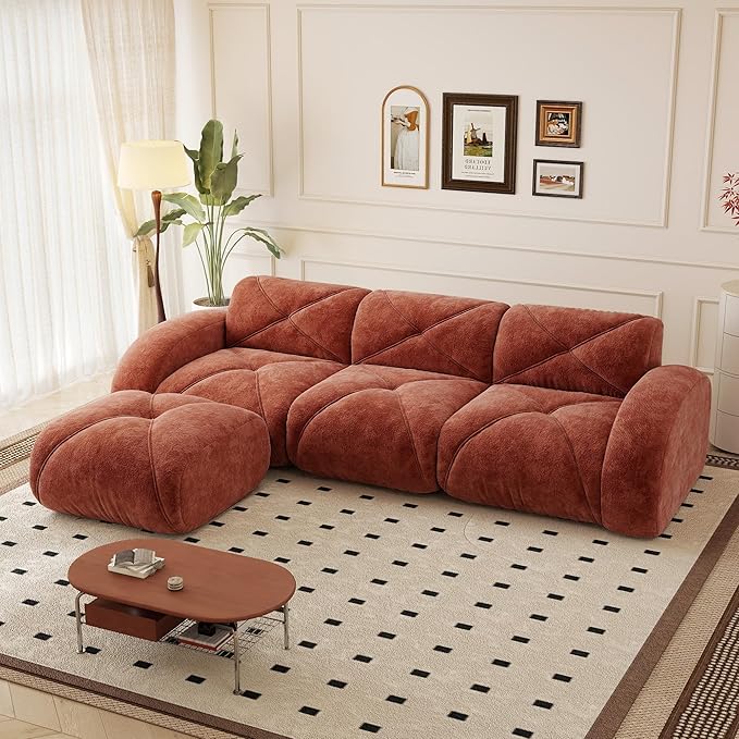110.6 L Shaped Boneless Couch Modern 3 Seater Modular Sectional Sofa Convertible Velvet Modular Cloud Sofa with Ottoman &amp Deep Seat Free Combination Upholstered Couches for Living Room Red