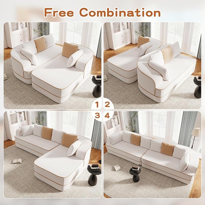 134.7 Boneless Couches for Living Room 4-Seater Modular Sectional Sofa Cloud Couch with Deep Seat No Assembly Required (White)
