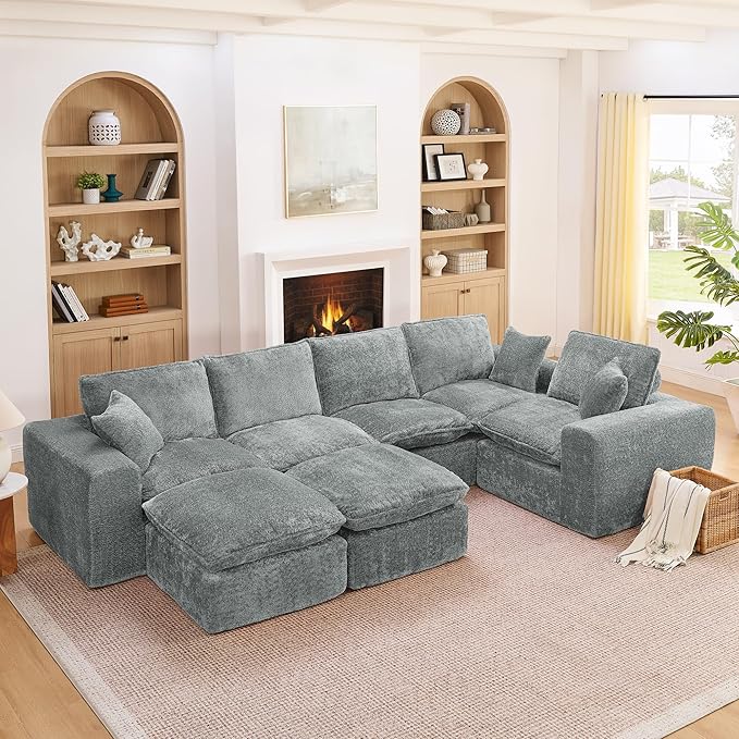 L-Shaped Boneless Modular Sectional Cloud Couches 7 Seat Modular Boucle Floor Foam Boneless Sofa Couch with Ottomans Headrest Pillows and Removable Cushions