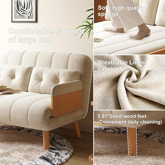 Convertible Chair Bed Futon Sofa Bed Sleeper Chair with Solid Wood Leg and Storage Pocket Linen Fabric Sofa Couch Guest Bed for Living Room Bedroom Office Apartment (43.31)