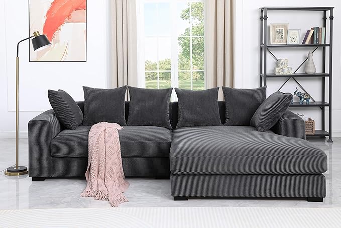 L-Shaped Corner Corduroy Sectional Sofa 4 Seat Modular Boneless Sofa Foam Cloud Couch with Movable Ottoman and Toss PillowsModern Deep Seat Convertible Chaise Sofa