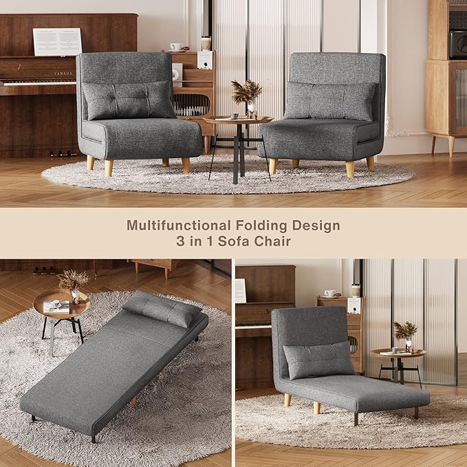 Aiho 3 in 1 Sleeper Chair Bed Convertible Chair Bed Futon Sofa with Adjustable Backrest Accent Chair for Apartment/Bedroom/Office Dark Grey