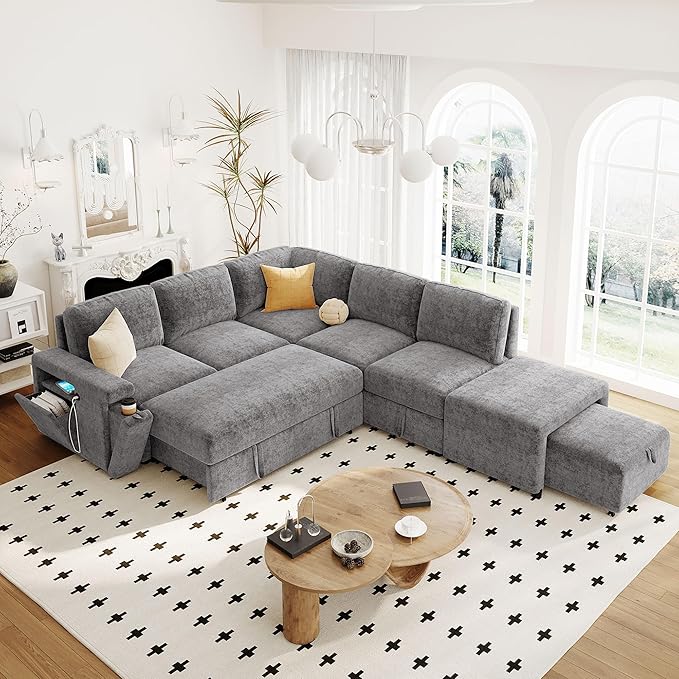 Convertible Sleeper Sectional Sofa with Pull-Out Bed and Storage Space &amp Ottoman Armrest w/USB Ports &amp Cup Holders Corner 6 Person L-Shape Modular Couch for Living Room Apartment (Grey)