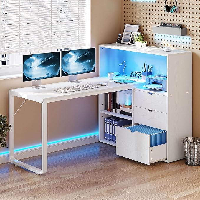 DWVO L Shaped Desk with Drawers 55 Corner Computer Desk with Bookshelf &amp Power Outlets &amp LED Lights Home Office Desk with Storage Shelves White