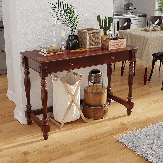 Large Computer Desk Office Table With 2 Drawers 46 Solid Wood Study Writing Desk Workstation With Storage SpaceMid-Century Vanity Dressing Table for Home OfficeCherry Walnut BSZ1533WD-1