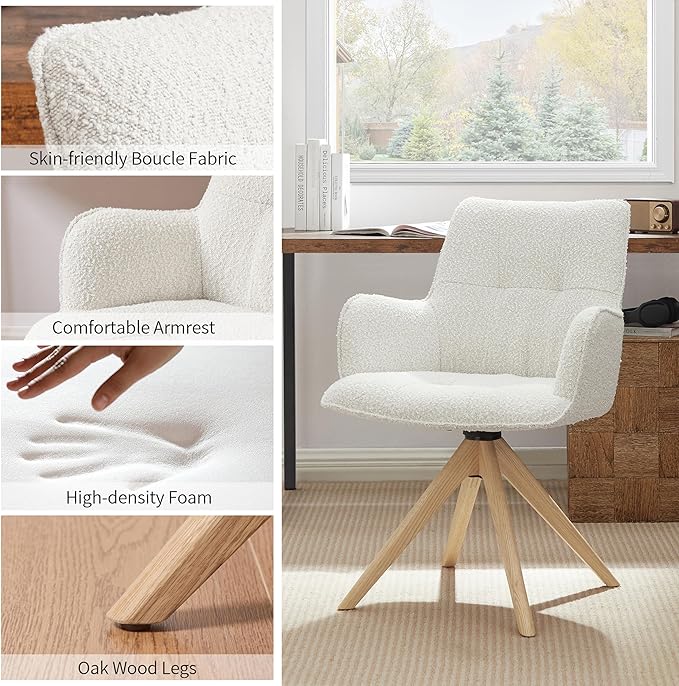 Art Leon Desk Chair No Wheels - Mid Century Modern Swivel Accent Chair Boucle Fabric Upholstered Office Chair with Oak Wood Legs for Small Space Living Room Bedroom Off White