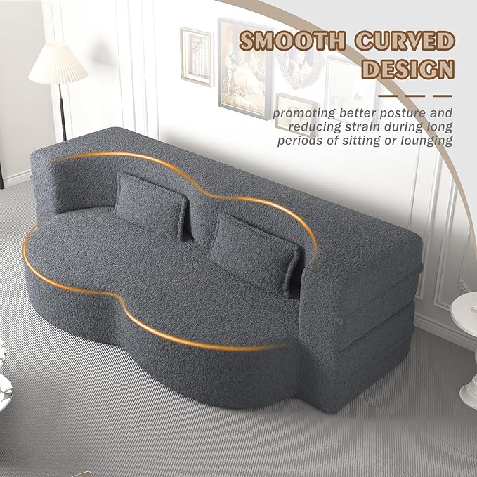 78 Teddy Folding Floor Sofa Couch BedConvertible Folding Sofa Bed Full Size Love Seat Sleeper Bed Floor Sofa Bed with 2 Pillows for Living Room Apartment Office (Grey)