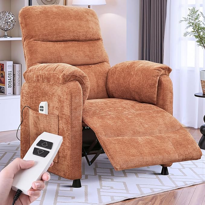 Power Recliner Sofa Electric Recliner Chair with Remote Side Pocket and Adjustable Backrest 350 LBS Soft Chenille Fabric Armchair for Living Room Bedroom Orange
