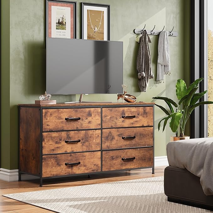 WLIVE Large Dresser for Bedroom with 6 Fabric Drawers Wide TV Stand for 50 55 60 inch TV Long Chest of Drawers with Deep Drawer for Closet Bedroom Living Room Hallway Rustic Brown