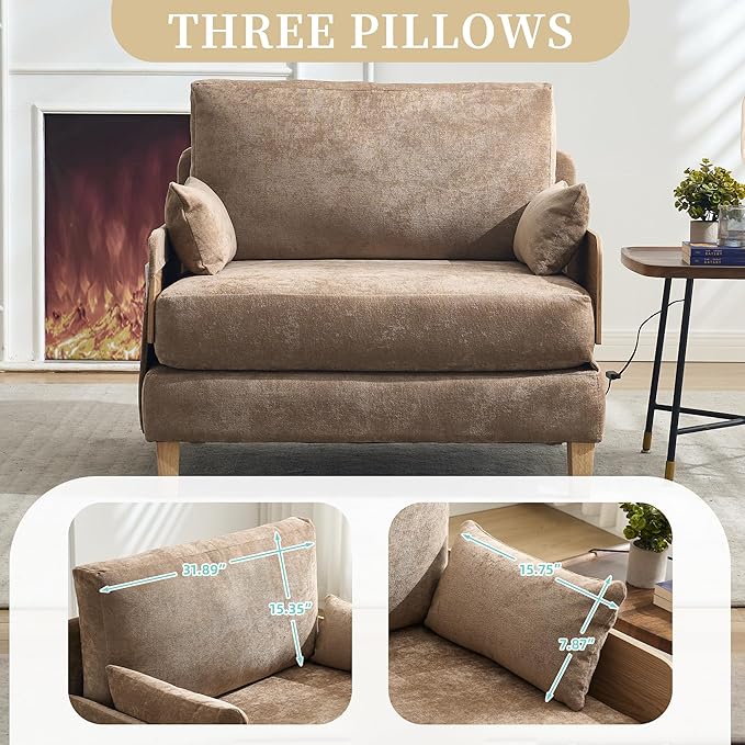 Large 3 in 1 Convertible Futon Sofa Bed Chair 35 W Extra Wide Sleeper Chair Bed with Pull Out Couch Modern Chenille Chaise Lounge Armchair for Living Room Bedroom Playroom Light Brown