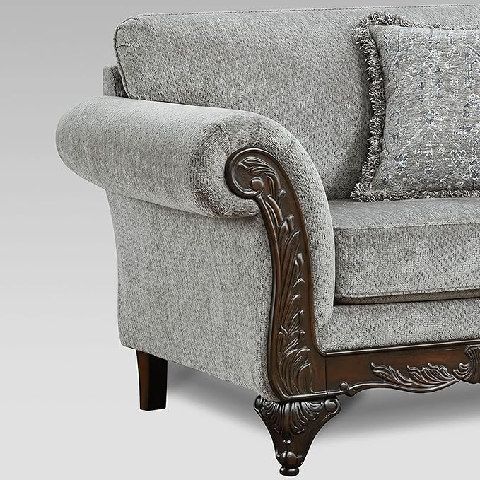 Hernen Carved Wood Frame Sofa Gray