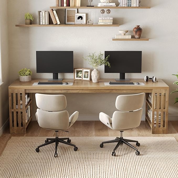 LITTLE TREE 78.7 Long Desk 2 Person Desk with Shelves Large Wooden Computer Desk Heavy Duty Shelf Legs Design for Two Person Home Office Business Workstation Natural (78.7 W x 23.6 D)