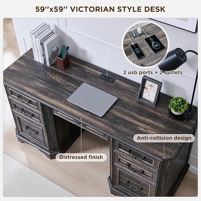 T4TREAM 59 Farmhouse Executive Desk with DrawersWood Home Office Computer Desk Featuring Keyboard TrayCharging StationFile Drawer Storage Cabinetfor Work and Study (Dark Rustic Oak)