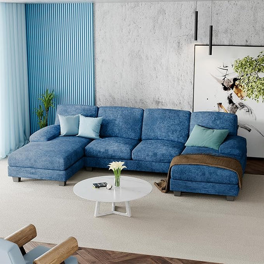 Furniwell Convertible Sectional Sofa Couch 4 Seat Sofa Set for Living Room U-Shaped Modern Fabric Modular Sofa Sleeper with Double Chaise &amp Memory Foam (Fabric Blue)