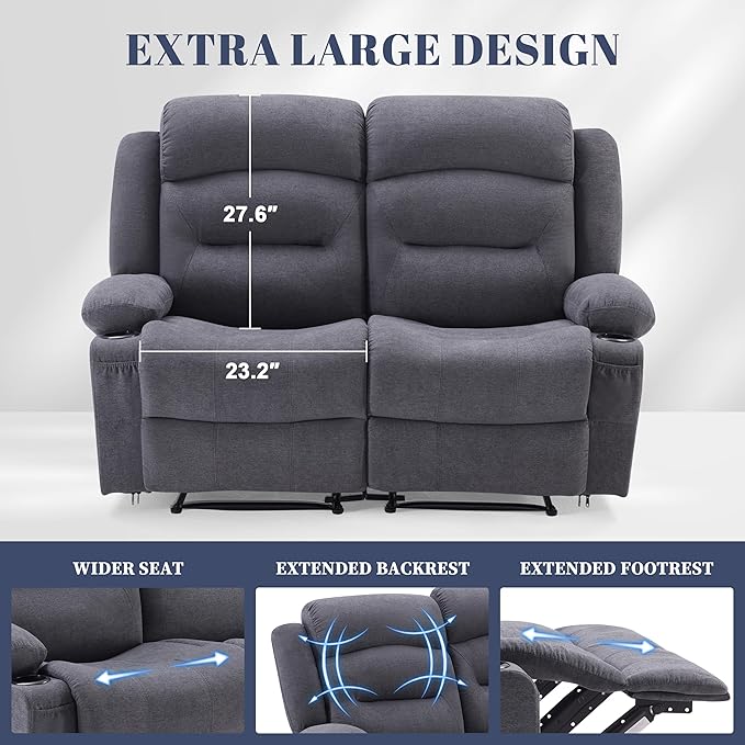 Oversized Recliner Loveseat with Heat and Massage Wall-Hugger Reclining Sofa with Cup Holders and USB Port Big Large 2-Seater Double RV Recliner Loveseat for Living Room (Fabric Grey)