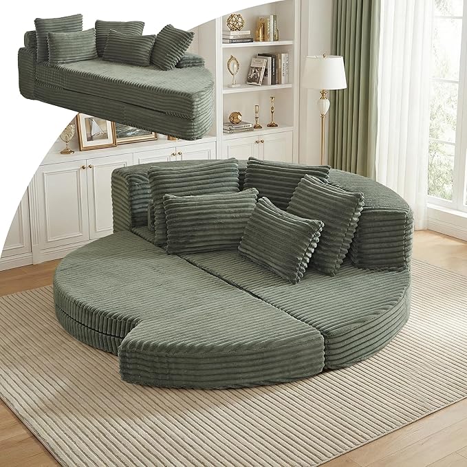 Round Chaise Lounge Chair 2-in-1 Convertible Folding Futon Sofa Bed Corduroy Boneless Cloud Couch Bed Compressed Memory Foam Couch Modular Foldable Floor Sleeper Sofa with 5 Pillows