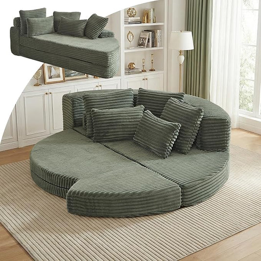 Round Chaise Lounge Chair 2-in-1 Convertible Folding Futon Sofa Bed Corduroy Boneless Cloud Couch Bed Compressed Memory Foam Couch Modular Foldable Floor Sleeper Sofa with 5 Pillows