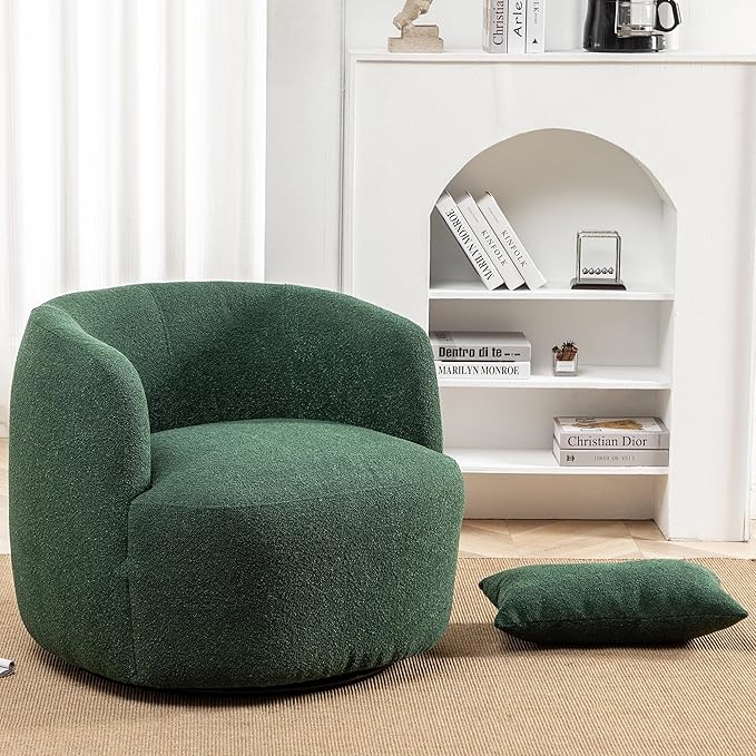 KINWELL 34 Wide Boucle Swivel Barrel Chair with 23 Ottoman Set Fully Assembled Set of Sherpa Accent Chair and Footrest Modern Comfy Armchair and Footstool for Living Room and Bedroom Green
