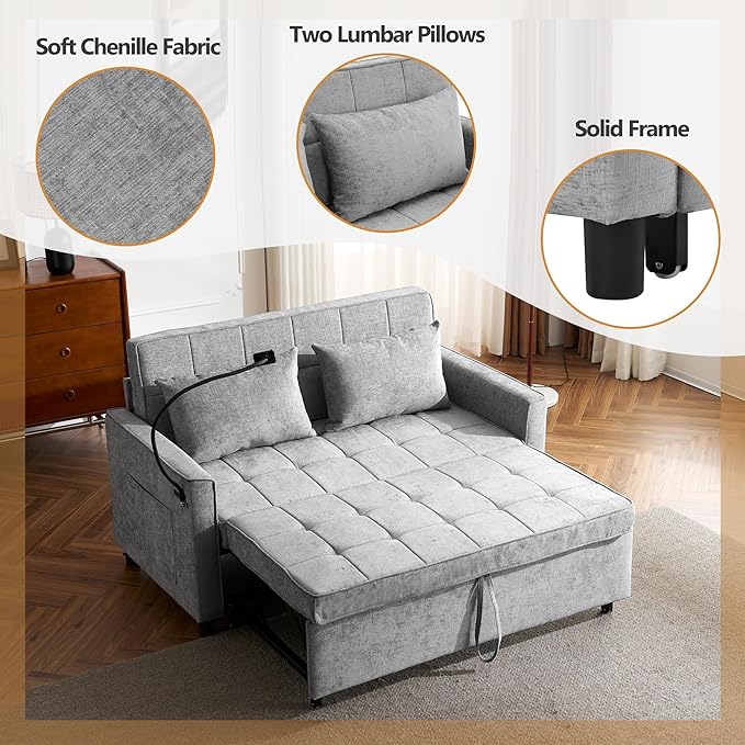 56.9 Loveseat Pull-Out Sofa Bed Chenille Sleeper Sofa Couch with a Reversible Backrest Cushion Side Pockets Two USB Ports and a Phone Holder for Living Room (Grey1)