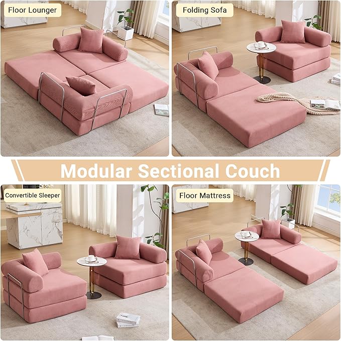 73 Convertible Sleeper Sofa Bed Corduroy Boneless Couch in a Box 4-in-1 Folding Mattress Loveseat Couch Comfy Modular Foldable Floor Sleeper Sofa with 2 Pillows and Fixed-Shape Frame (Pink 73)