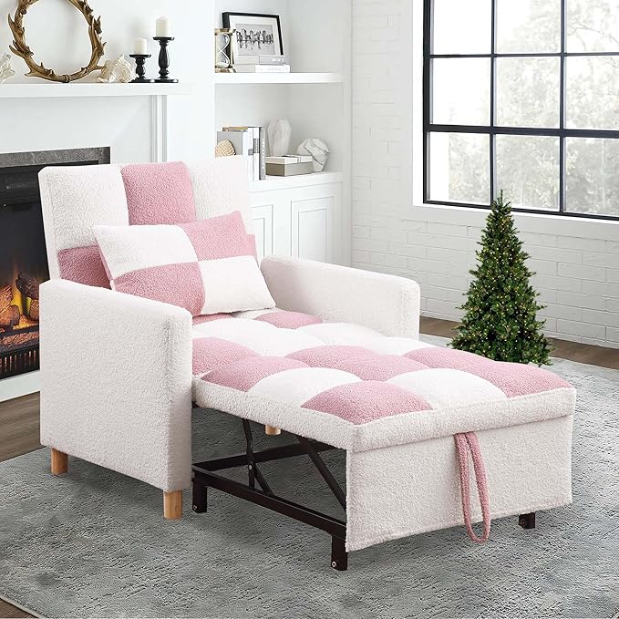 Convertible Sleeper Sofa Chair 3 in 1 Multi-Function Folding Ottoman Couch Sigle Pull-Out Bed with Adjustable Backrest and Pillow for Living Room Apartment Office Pink&ampWhite