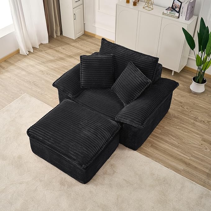 Oversized Armchair with Ottoman Corduroy Reading Chair for Bedroom &amp Living Room Modern Floor Sofa Chair Comfy Lazy Lounge Chair No Assembly Required Black