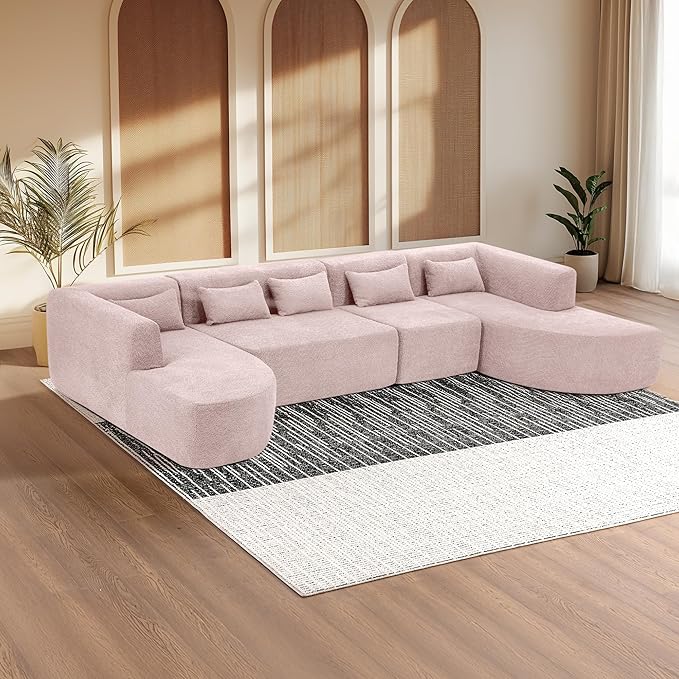 144 Sectional Couches for Living Room Comfy U-Shaped Cloud Couch with Chaise Lounge Modern Deep Seat Boneless Sofa No Assembly Required (Boucle Pink)