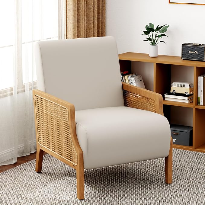 WENTMENT Modern Accent Chair Armchair with Natural Rattan Armrest Upholstered Living Room Chair Comfy Single Sofa Chair for Hosting Room/BedroomBeige