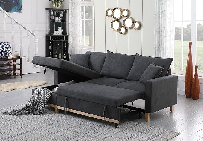 Lilola Home Colton 84.25 W Dark Gray Woven Fabric Reversible Sleeper Sectional Sofa with Pull-Out Bed and Storage Chaise – Modern L-Shaped Couch for Living Room or Apartment