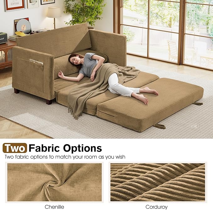 65 Loveseat Sleeper Sofa Bed Corduroy Convertible Sofa Bed for Small Spaces Folding Couch Bed with Deep Seat 2 Pillows &amp Solid Frame Pull Out Floor Couches for Living Room Brown