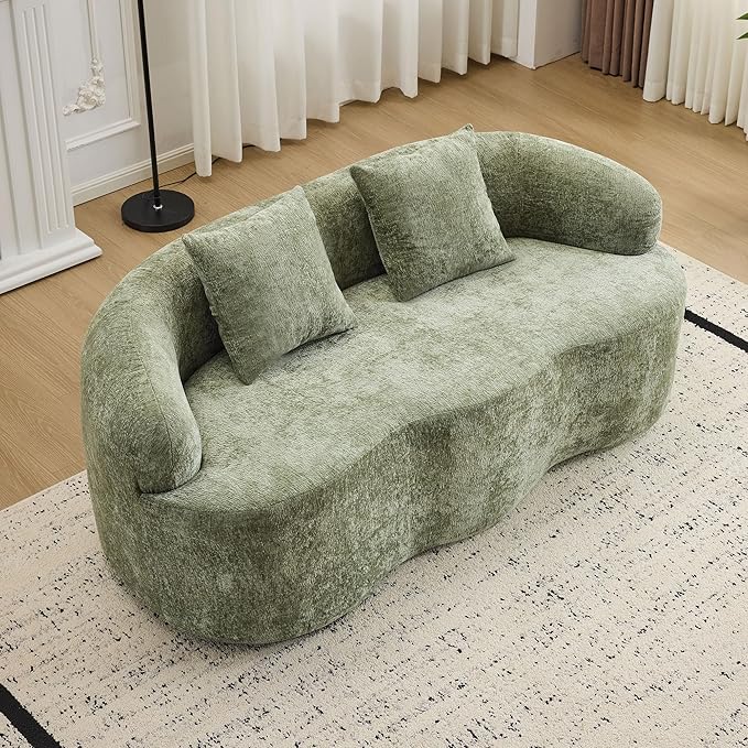 66.93 Curved Loveseat 2 Seater Foam Sofa Soft Chenille Round Couch Cloud Sofa Deep Seat Love Seat with 2 Pillows Modern Boneless Compression No Assembly Comfy Small Couches for Small Spaces (Green)