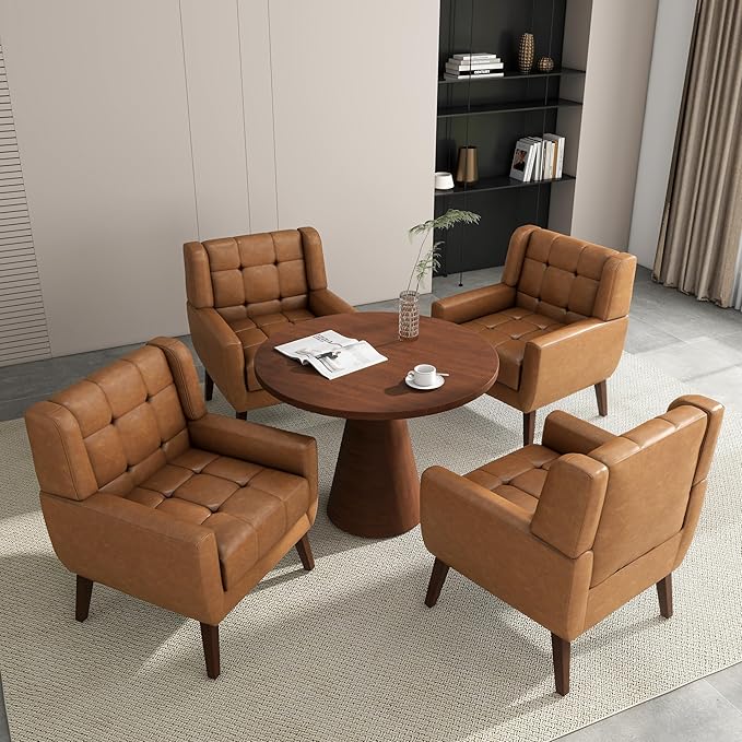 Accent Chair Comfy Mid Century Modern Small Armchairs with Solid Wood Frame and Soft Cushion for Living Room Bedroom (Faux Leather Brown Set of 1)