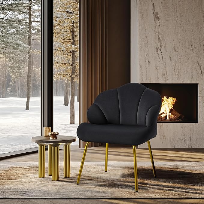 Yaheetech Vanity Chair Velvet Accent Chair with Shell-Shaped Backrest Modern Armchair with Gold Metal Legs for Dressing Room/Bedroom/Living Room Black