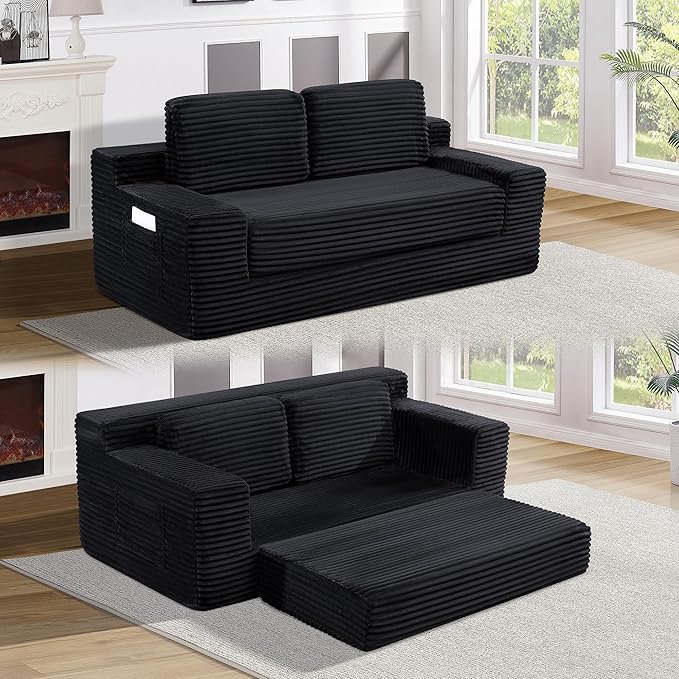 Loveseat Cloud Boneless Couch Upholstered Floor Sofa with Armrests 2-in-1 Convertible Corduroy Couch Bed for Living Room Apartment Black
