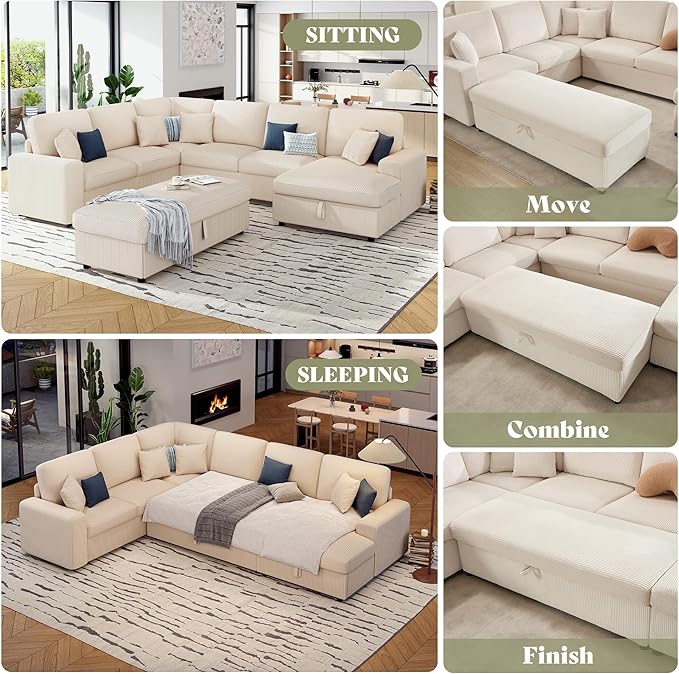 AMERLIFE 129 Inch Sectional Couches for Living RoomSectional Couch with Storage &amp OttomanModular Sectional Sofa Converts to SleeperCloud Couch Sectional for Large Space with CorduroyOff-White