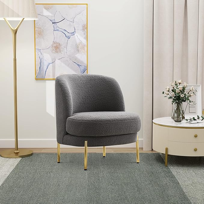 28.4 W Accent Chair Upholstered Curved Backrest Reading Chair Single Sofa Leisure Club Chair with Golden Adjustable Legs for Living Room Bedroom Dorm Room (Gray Boucle)