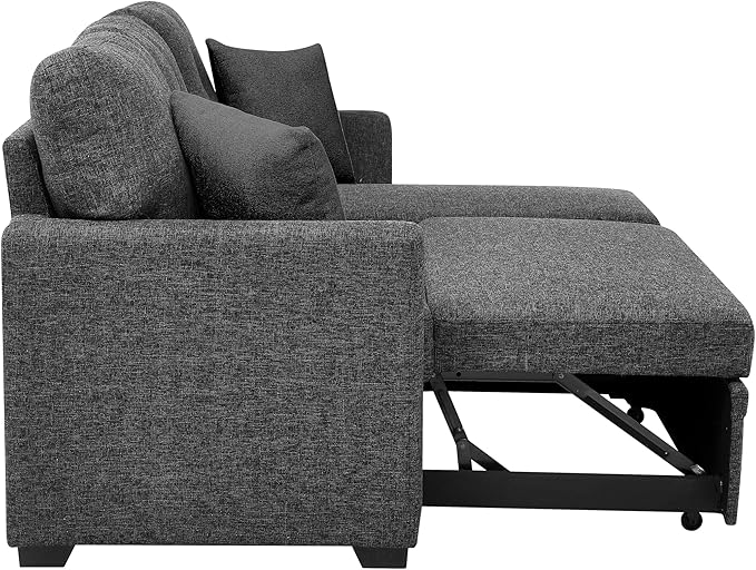 76 Linen Blend Convertible Sofa with Pull-Out Bed Stylish Sleeper Couch with Hidden Storage Space 3-Seater Couch with 2 Soft Pillows for Living Rooms Charcoal Black