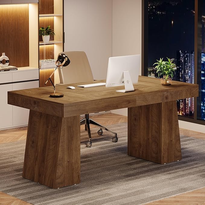 Tribesigns 55 Inches Executive Desk Mid-Century Modern Home Office Desk Wood Computer Table Business Workstation Small Conference Table Light Brown