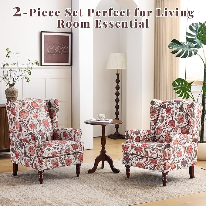 EROMMY Floral Accent Chair Comfortable High Back Upholstered Armchair with Solid Wood Legs Leisure Single Sofa Chair for Living Room Bedroom Home Office Red Floral