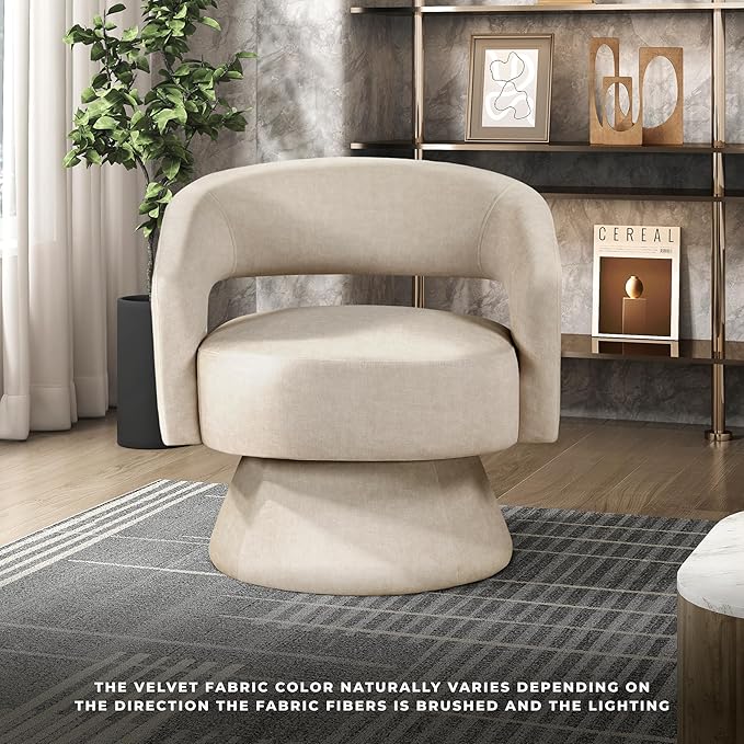Lexicon 360 Degree Swivel Accent Chair Modern Comfy Velvet Round Barrel Chair Open Back Plush Foam Cushions Metal Swivel Base for Living Room/Bedroom/Office Taupe