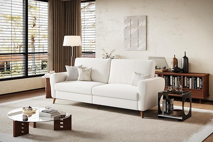 GarveeHome 84 in Sofa Couch Large Loveseat Sofa with Wide Armrests Deep Seats &amp Wood Feet 3 Seater Modern Boucle Sofa Comfy Couches for Living Room Bathroom Small Spaces White