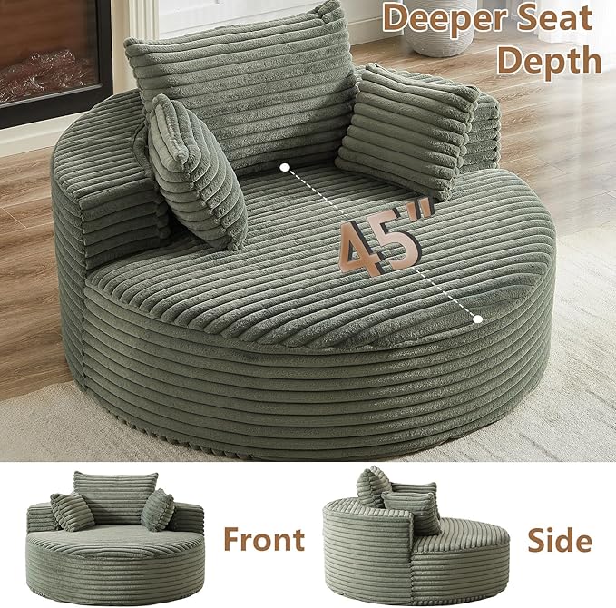 Oversized Round Chaise Lounge Chair Indoor 55'' Corduroy Deep Seat Circle Single Floor Sofa Chairs Modern Upholstered Sponge Armchair Cloud Sleeper Chair for Living Room Bedroom Apartment Green