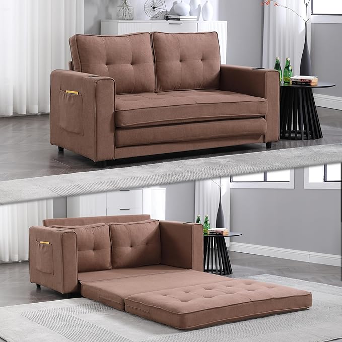 Ball &amp Cast 3-in-1 Folding Floor Sofa BedMulti-Functional 2 Seater Pull Out Couch with Side Pockets and Cup HoldersMordern Foldable Tufted Loveseat for Living Room Office ApartmentBrown
